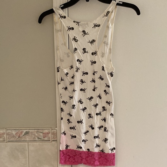 Womens white skull tank top with pink lace detail - Picture 3 of 4